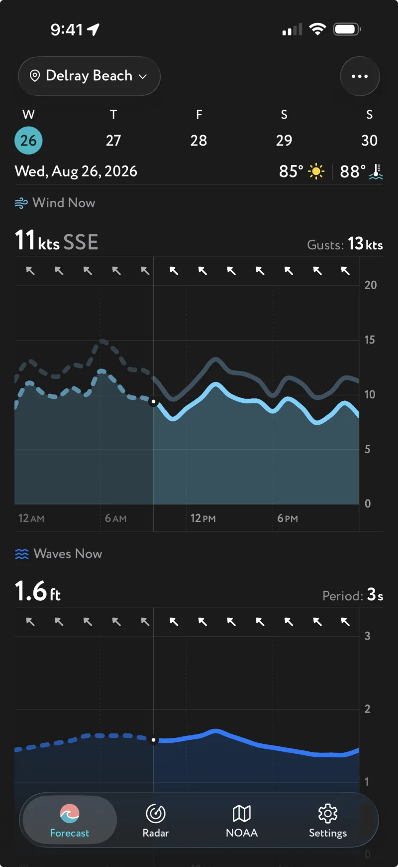 WeatherMarine forecast showing hourly wind and wave charts