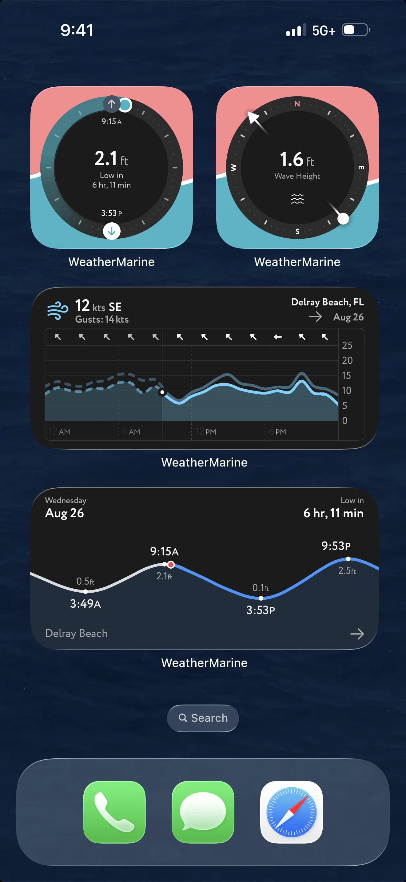 WeatherMarine Home Screen widgets showing tides, waves, wind, and marine forecasts