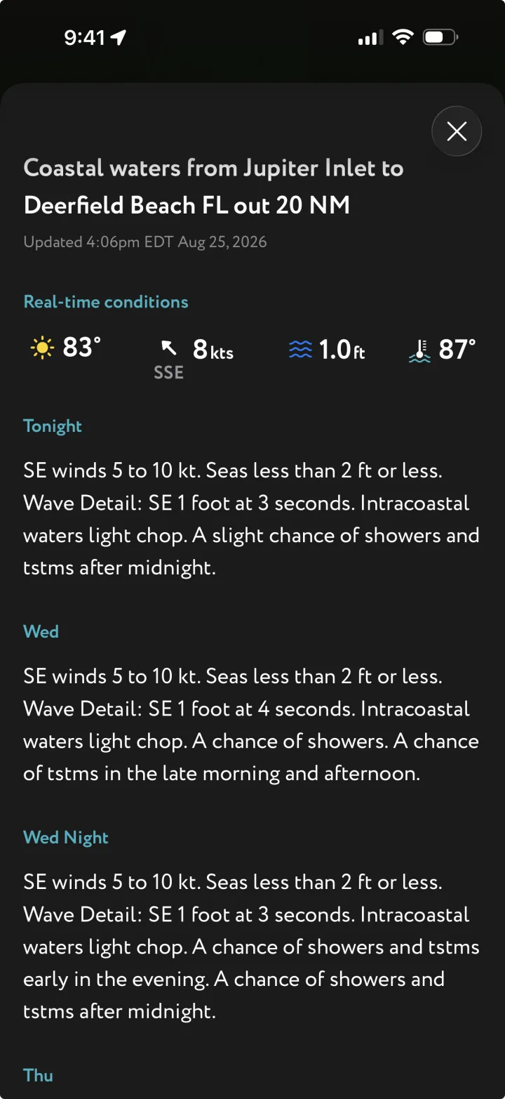 NOAA coastal text forecast displayed inside WeatherMarine