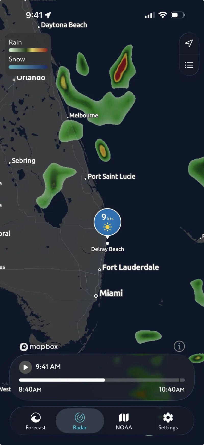 WeatherMarine precipitation radar over Florida with a time control