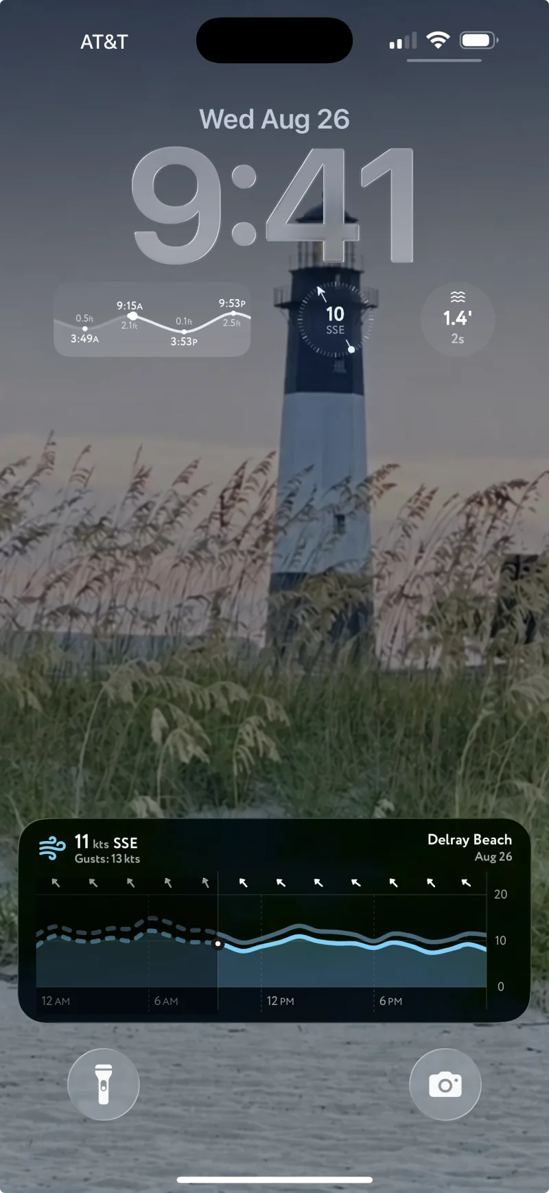 WeatherMarine Lock Screen widgets and Live Activity showing tide, wind, and wave conditions